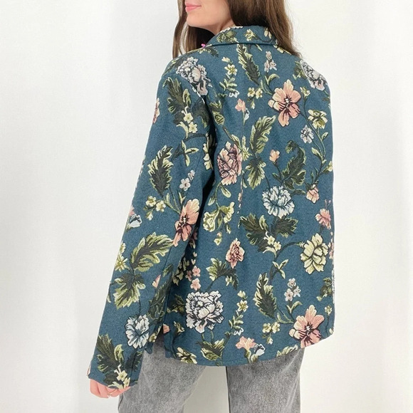 vintage spruce blue boho floral tapestry button down jacket size M - Picture 7 of 9